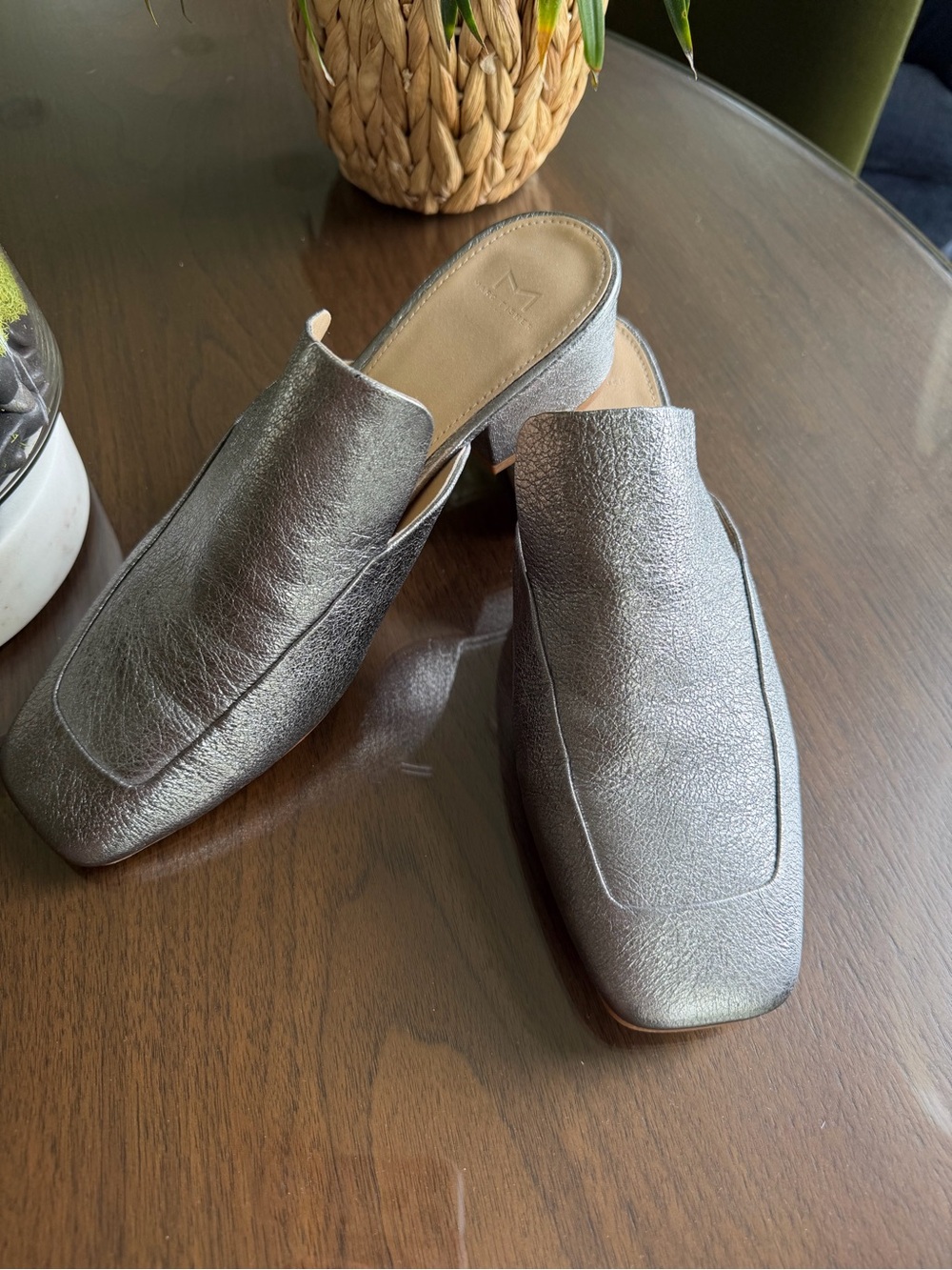 Marc Fisher Metallic Silver Leather Mules